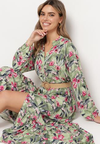 Zielona Koszulowa Sukienka Maxi w Kwiaty z Paskiem Bophin