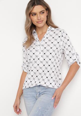 Biała Bluzka z Wiskozy z Nadrukiem w Serca i Podpinanymi Rękawami Zerandia