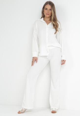 Biały 2-częściowy Komplet z Koszulą i Spodniami z Tłoczonej Tkaniny Benneta