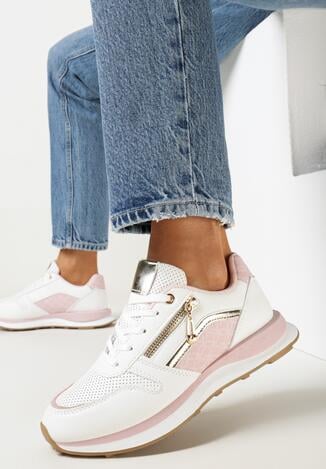 Biało-Różowe Sneakersy z Metaliczną Wstawką i Suwakiem Derica