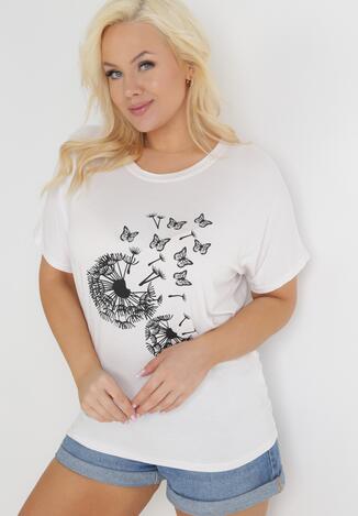 Biały T-shirt z Nadrukiem w Dmuchawce i Motyle Kyli