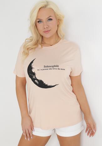 Jasnopomarańczowy T-shirt z Nadrukiem z Motywem Księżyca i Napisem Zitlalia