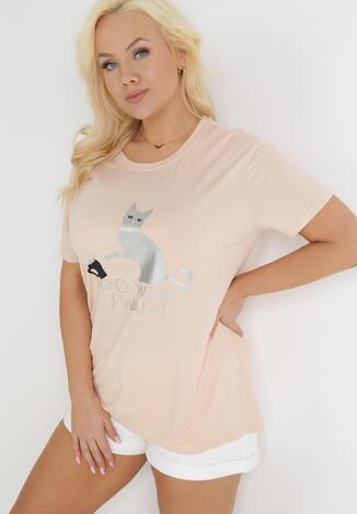 Różowy T-shirt z Błyszczącym Nadrukiem Kotka Shanaia