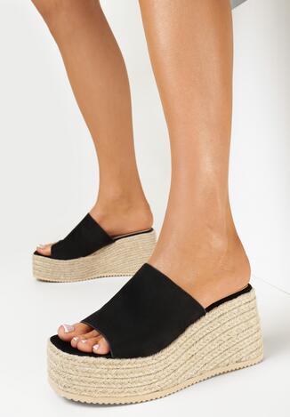 Czarne Klapki na Koturnie z Plecionki Chentiha