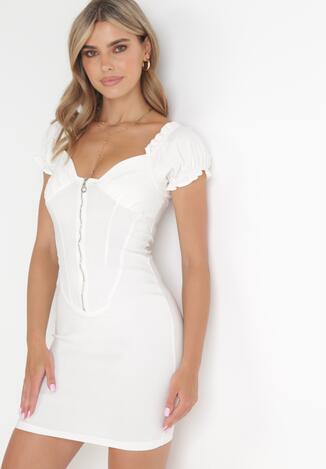 Biała Sukienka Mini Zapinana na Suwak z Bufiastym Rękawem Jerusa