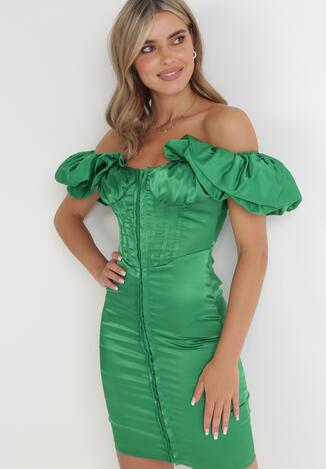 Zielona Satynowa Sukienka Dopasowana z Bufiastym Rękawem Suse