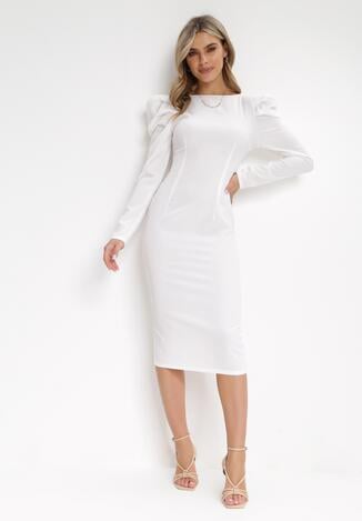 Biała Sukienka Taliowana z Bufiastym Rękawem Omono