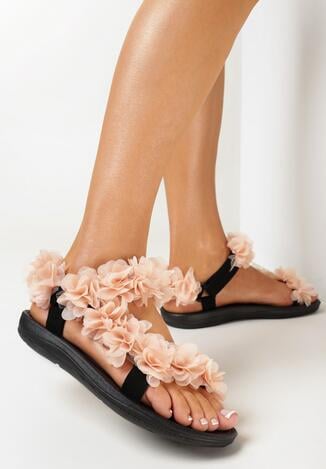 Czarno-Beżowe Sandały z Ozdobnymi Paskami z Kwiatkami i Rzepem Tiatia