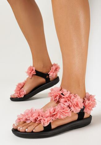 Czarno-Różowe Sandały z Ozdobnymi Paskami z Kwiatkami i Rzepem Tiatia