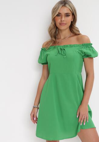 Zielona Sukienka Mini Hiszpanka z Marszczoną Gumką Lakenzie