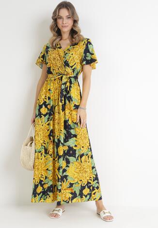 Żółto-Granatowa Kopertowa Sukienka Maxi z Gumką w Pasie w Kwiaty z Wiskozy Aryna