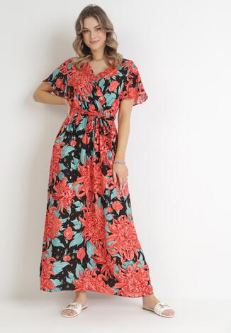 Czerwono-Czarna Kopertowa Sukienka Maxi z Gumką w Pasie w Kwiaty z Wiskozy Aryna