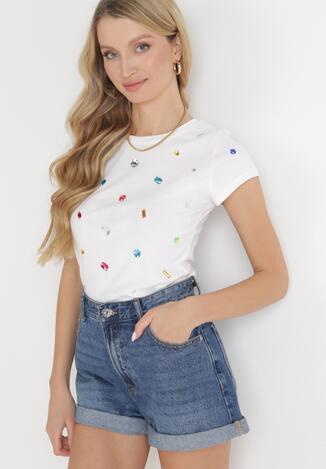 Biały T-shirt Ozdobiony Kolorowymi Cyrkoniami Arivnya