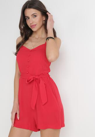 Czerwony Bawełniany Kombinezon z Krótkimi Nogawkami i Regulowanymi Ramiączkami Uliana