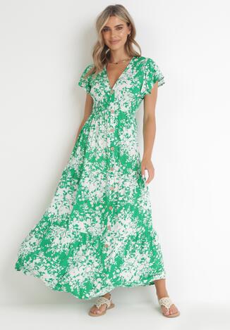 Zielona Rozkloszowana Sukienka Maxi z Gumką w Talii i Ozdobnymi Guzikami Eleatha