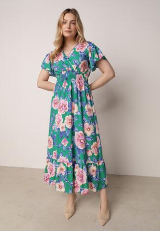 Zielona Sukienka Maxi z Kopertowym Dekoltem i Gumkami w Pasie Kelsi