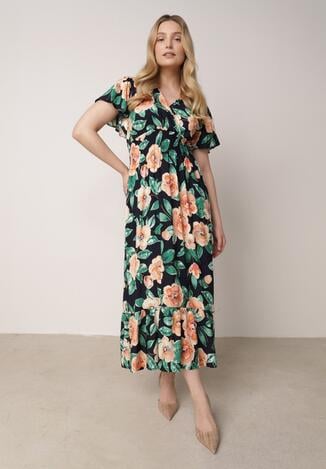 Granatowa Sukienka Maxi z Kopertowym Dekoltem i Gumkami w Pasie Kelsi