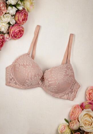Jasnoróżowy Biustonosz Push Up z Koronką na Regulowanych Ramiączkach Meklia