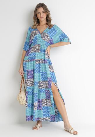 Niebieska Wiskozowa Sukienka Maxi z Gumkami w Pasie i Abstrakcyjnym Wzorem Zamania