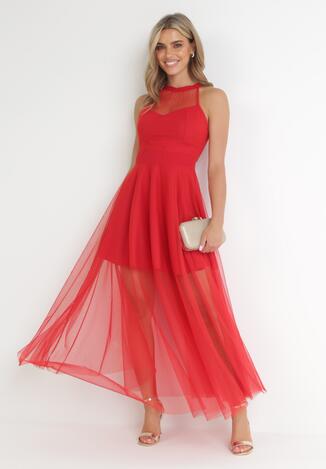 Czerwona Tiulowa Sukienka Maxi bez Rękawów z Rozkloszowanym Dołem Aderissa