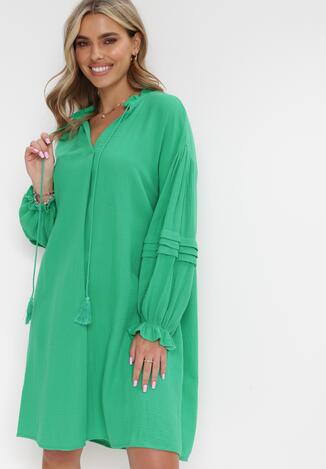Zielona Bawełniana Sukienka Mini z Ozdobnym Wiązaniem i Przeszyciami na Rękawach Anla