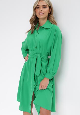 Zielona Koszulowa Sukienka Trapezowa z Wiązaniem Renner