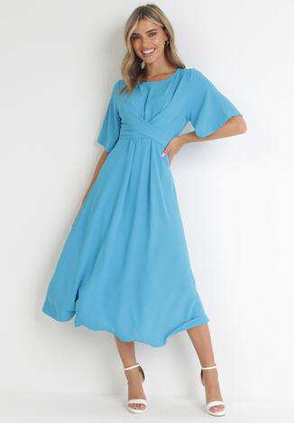 Niebieska Sukienka Maxi z Ozdobnym Wiązaniem i Gumką w Talii Myrcella