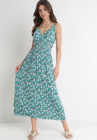 Zielona Sukienka Maxi na Regulowanych Ramiączkach z Cienkimi Gumkami w Pasie Abgale