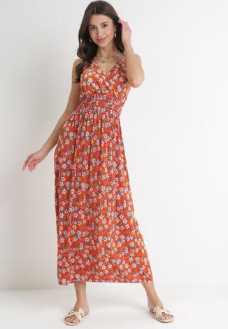 Pomarańczowa Sukienka Maxi na Regulowanych Ramiączkach z Cienkimi Gumkami w Pasie Abgale