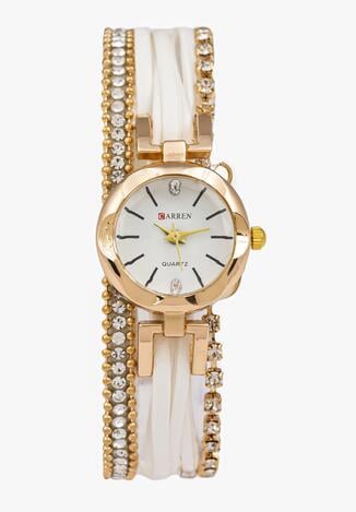 Biały Zegarek z Okrągłą Kopertą na Ozdobnym Pasku z Cyrkoniami Aleia