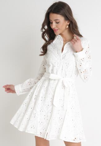 Biała Ażurowa Sukienka Bawełniana z Wiązanym Paskiem Ilerah