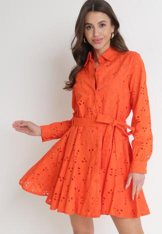 Pomarańczowa Ażurowa Sukienka Bawełniana z Wiązanym Paskiem Ilerah