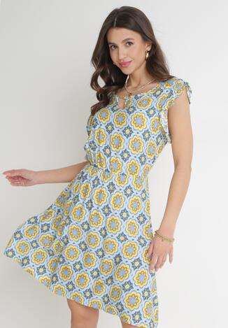 Niebiesko-Żółta Bawełniana Sukienka Mini z Gumką w Talii Caara