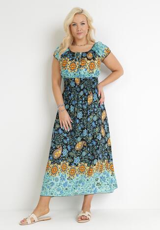 Niebiesko-Czarna Bawełniana Sukienka Maxi z Hiszpańskim Dekoltem i Gumkami w Talii Abagal