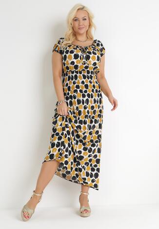Żółto-Czarna Rozkloszowana Sukienka Maxi z Cienkimi Gumkami w Pasie z Bawełny Dilaya