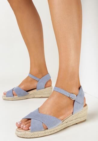 Niebieskie Sandały na Plecionej Koturnie z Otwartym Noskiem Lillona