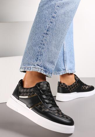 Czarne Sznurowane Sneakersy przed Kostkę z Błyszczącą Nitką Milia