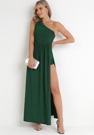 Zielona Asymetryczna Sukienka Maxi z Rozkloszowanym Dołem i Wycięciem z Brokatem Acaisa