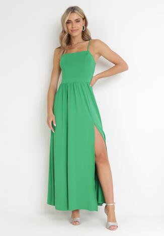 Zielona Sukienka Maxi na Ramiączkach z Rozcięciem na Dole i Kwadratowym Dekoltem Jacklyn
