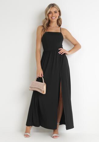 Czarna Sukienka Maxi na Ramiączkach z Rozcięciem na Dole i Kwadratowym Dekoltem Jacklyn