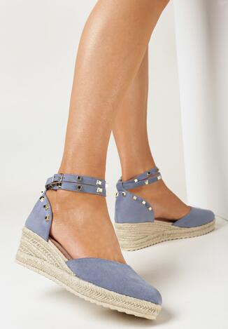 Niebieskie Sandały na Koturnie ze Sznurkiem i Paskiem z Ćwiekami Ophisine