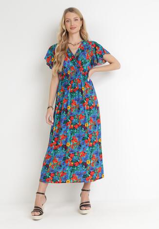 Niebieska Wiskozowa Sukienka Maxi w Kwiaty z Gumką w Talii i Kopertowym Dekoltem Trelline