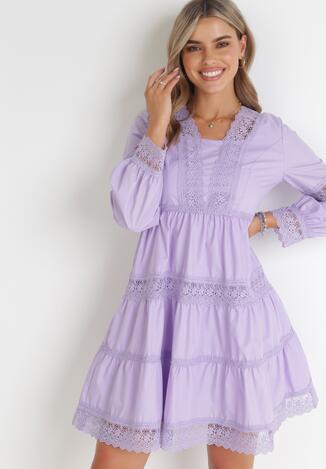 Fioletowa Sukienka Mini z Koronkowymi Wstawkami i Rozkloszowanym Dołem Femona