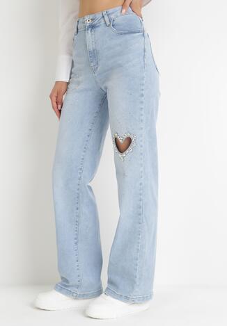 Jasnoniebieskie Jeansy z Wysokim Stanem i Wycięciem w Kształcie Serduszka z Cyrkoniami Obenora