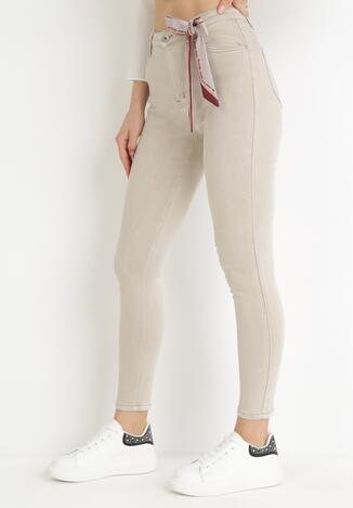 Jasnobeżowe Spodnie Skinny z Wysokim Stanem i Kokardką przy Pasie Diorene