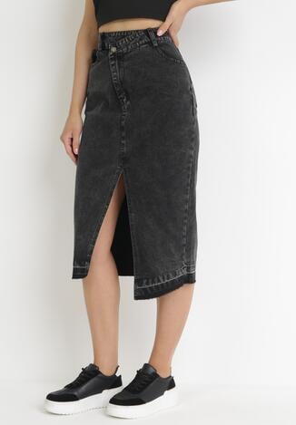 Czarna Jeansowa Spódnica Midi z Wysokim Stanem i Rozcięciem Tariva