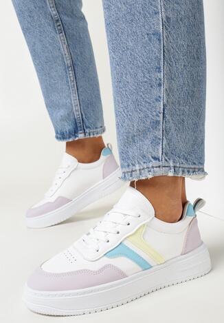 Biało-Fioletowe Sznurowane Sneakersy przed Kostkę z Kolorowymi Wstawkami Emerla