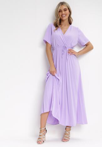 Fioletowa Sukienka Plisowana Maxi z Wiązanym Paskiem Dianiza