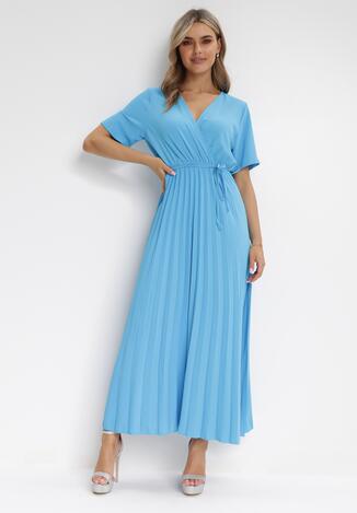 Niebieska Sukienka Plisowana Maxi z Wiązanym Paskiem Dianiza