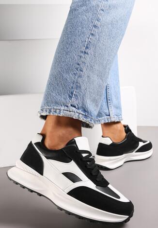 Czarne Sneakersy na Grubej Podeszwie z Modnymi Wstawkami Amonia
